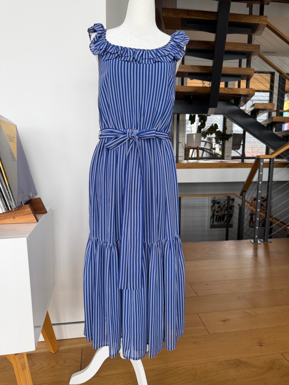 Michael Kors Blue and White Striped Ruffle-Neck Maxi Dress with Tie Waist